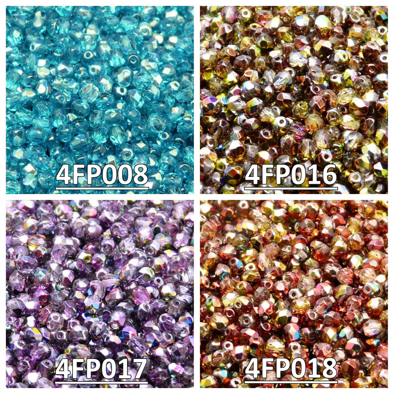 Set of Czech Fire-Polished Glass Beads Round 4mm - 4 colors (4FP008 4FP016 4FP017 4FP018)