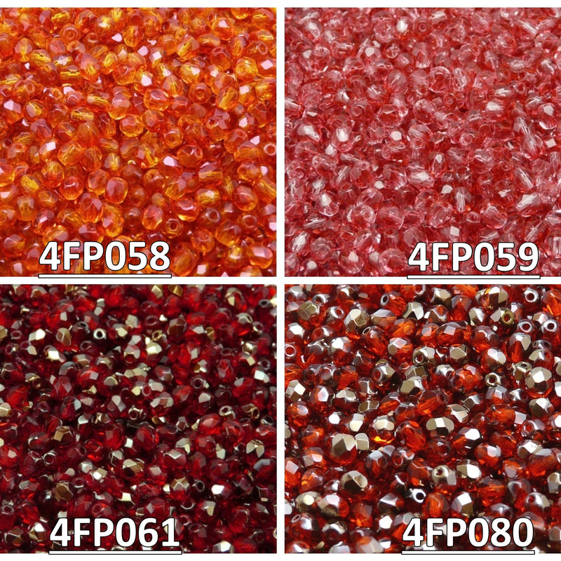 Set of Czech Fire-Polished Glass Beads Round 4mm - 4 colors Crystal Orange Red, Crystal Crimson, Ruby Valentinite, Dark Amber Valentinite