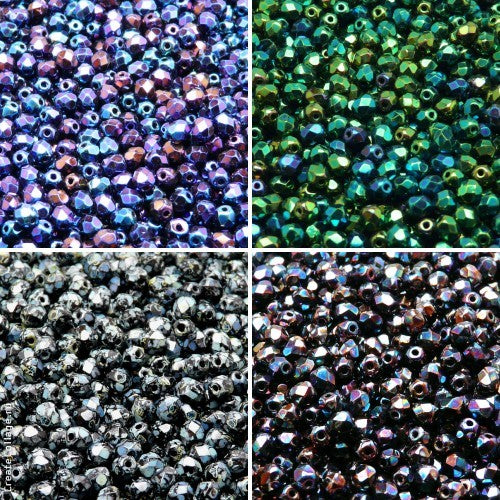 Set of Czech Fire-Polished Glass Beads Round 4mm - 4 colors (4FP046 4FP066 4FP082 4FP083)