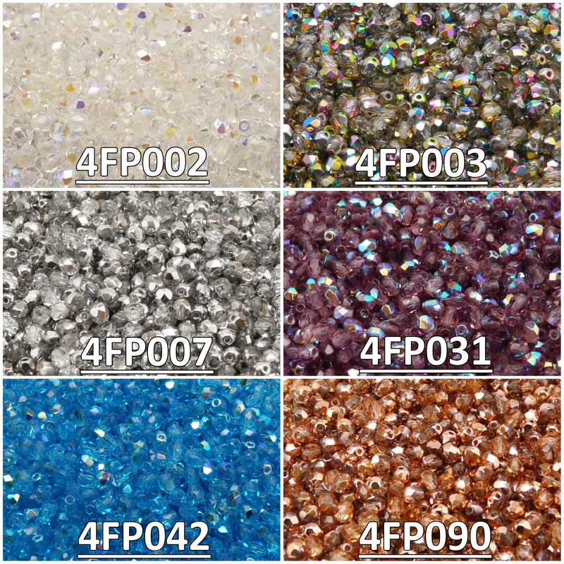 Set of Czech Fire-Polished Glass Beads Round 4mm - 6 colors (4FP002 4FP003 4FP007 4FP031 4FP042 4FP090)