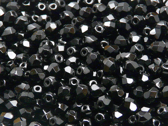 50 pcs Fire Polished Faceted Beads Round, 5mm, Jet Black, Czech Glass