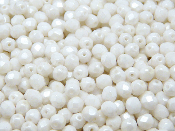 50 pcs Fire Polished Faceted Beads Round, 5mm, Chalk White Luster, Czech Glass