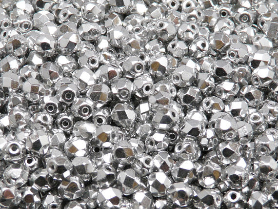 50 pcs Fire Polished Faceted Beads Round, 5mm, Silver Metallic, Czech Glass