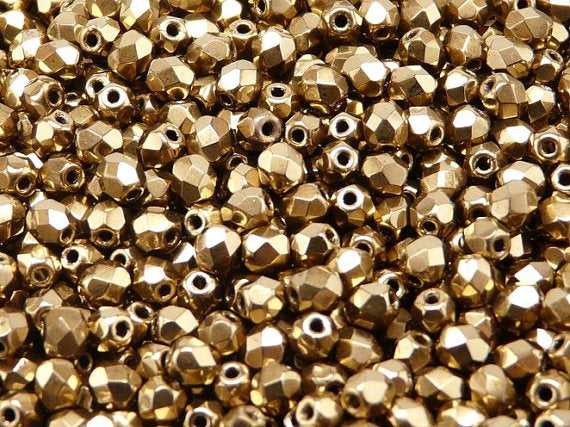 50 pcs Fire Polished Faceted Beads Round, 5mm, Gold, Czech Glass