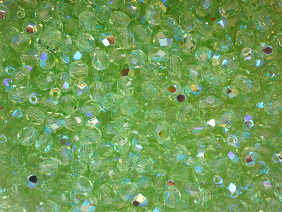 50 pcs Fire Polished Faceted Beads Round, 5mm, Light Green Peridot AB, Czech Glass