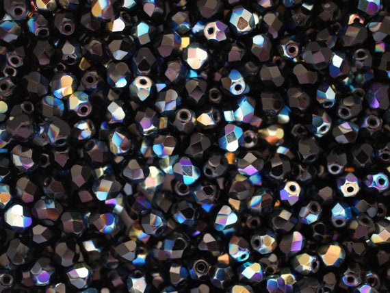 50 pcs Fire Polished Faceted Beads Round, 5mm, Jet Black AB, Czech Glass