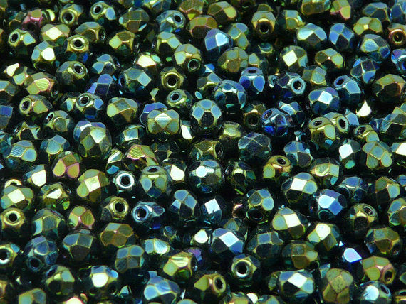 50 pcs Fire Polished Faceted Beads Round, 5mm, Jet Green Iris, Czech Glass