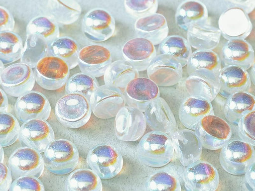 Cabochon 6 mm, 2 Holes, Crystal Full AB, Czech Glass