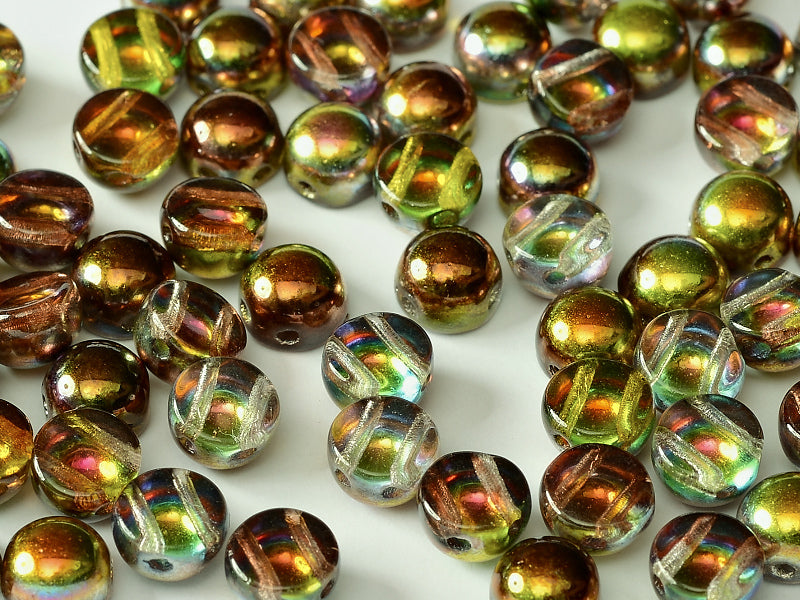 Cabochon 6 mm, 2 Holes, Crystal Magic Green, Czech Glass