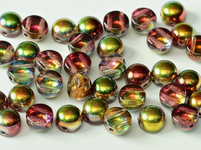 Cabochon 6 mm, 2 Holes, Crystal Magic Apple, Czech Glass