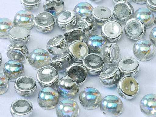 Cabochon 6 mm, 2 Holes, Crystal Silver Rainbow, Czech Glass