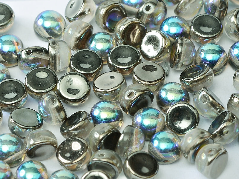 Cabochon 6 mm, 2 Holes, Crystal Graphite Rainbow, Czech Glass