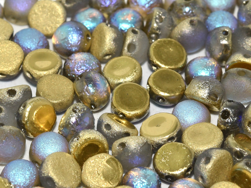 Cabochon 6 mm, 2 Holes, Crystal Etched Golden Rainbow, Czech Glass