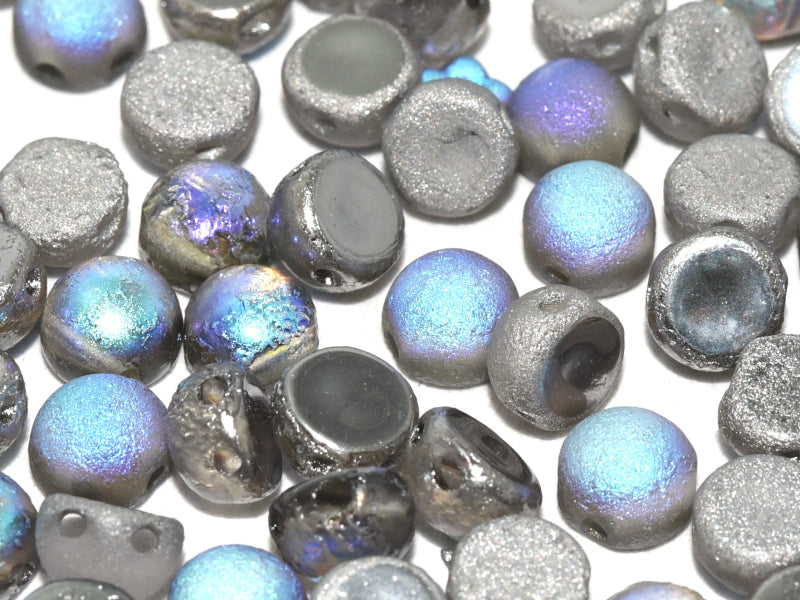 Cabochon 6 mm, 2 Holes, Crystal Etched Graphite Rainbow, Czech Glass