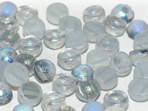 Cabochon 6 mm, 2 Holes, Crystal Etched Blue Rainbow, Czech Glass