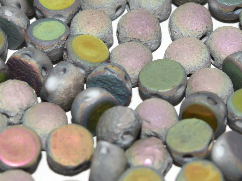 Cabochon 6 mm, 2 Holes, Chalk White Etched Full Vitrail, Czech Glass