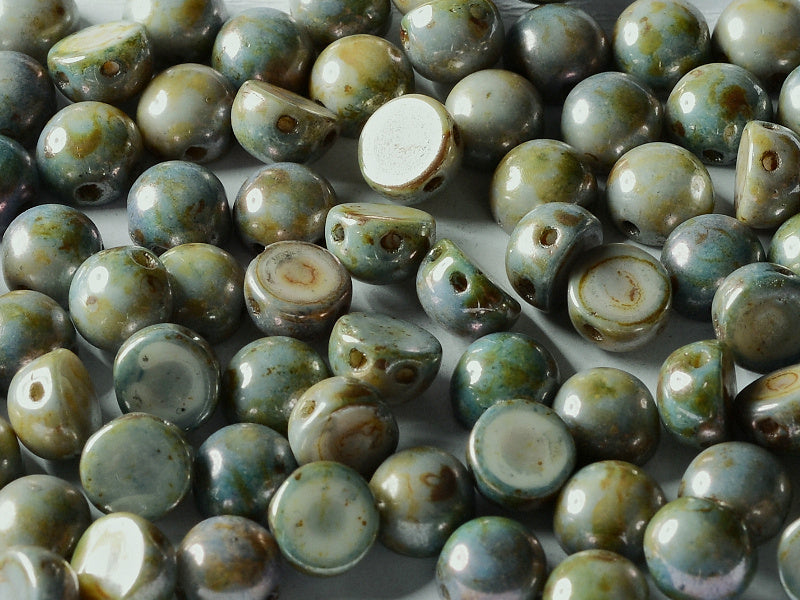 Cabochon 6 mm, 2 Holes, Chalk White Blue Luster, Czech Glass