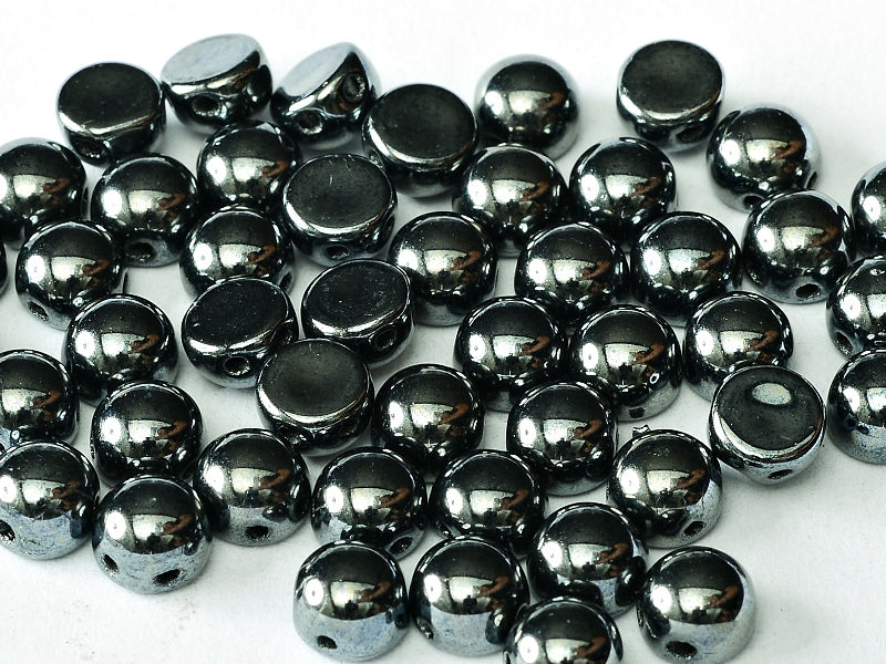 Cabochon 6 mm, 2 Holes, Jet Hematite, Czech Glass