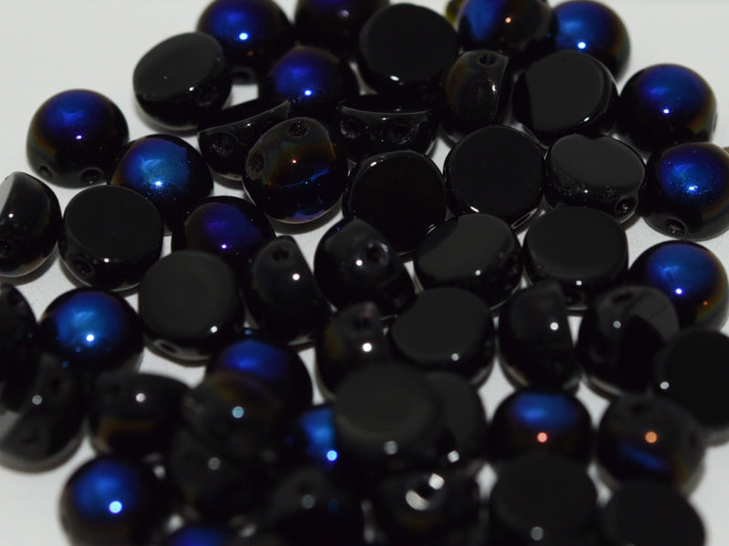 Cabochon 6 mm, 2 Holes, Jet Azuro, Czech Glass