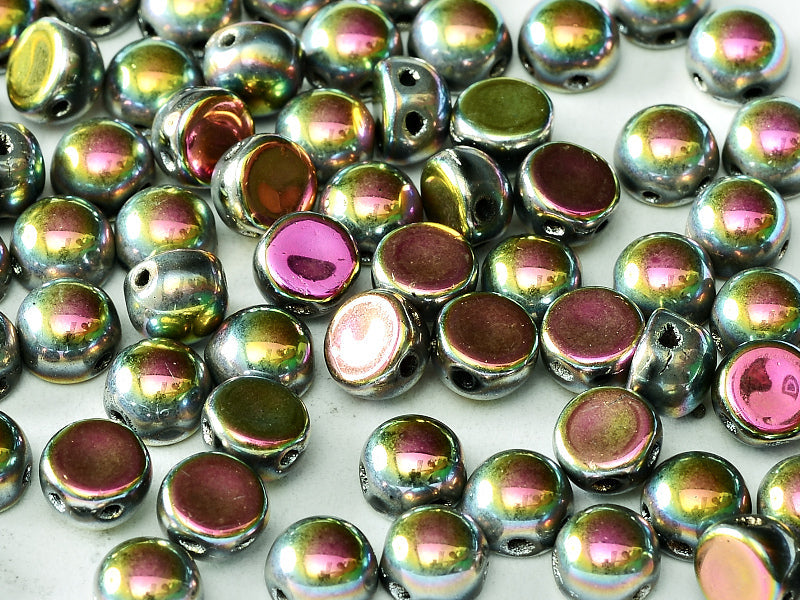 Cabochon 6 mm, 2 Holes, Jet Vitrail Full, Czech Glass