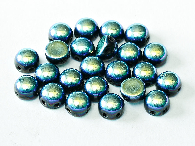 Cabochon 6 mm, 2 Holes, Jet Full AB, Czech Glass