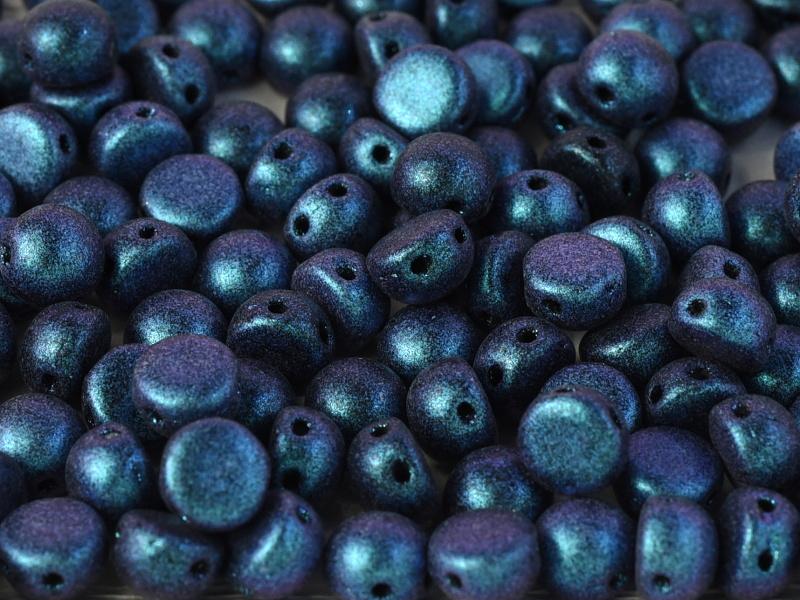 Cabochon 6 mm, 2 Holes, Jet Polychrome Dark Capri Blue, Czech Glass