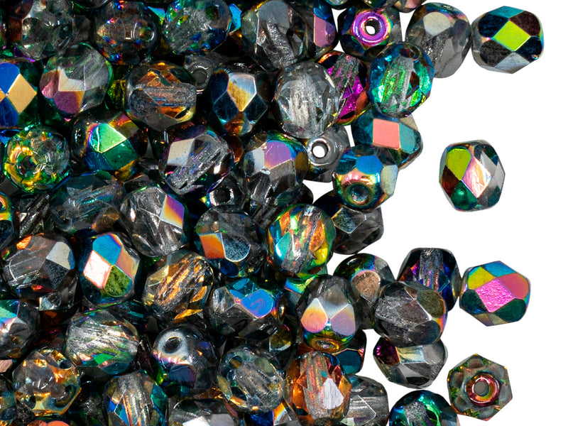 Set of Round Fire Polished Beads (3mm, 4mm, 6mm, 8mm), 3 colors: Crystal Vitrail, Chalk White, Jet Black, Czech Glass