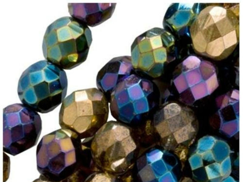 50 pcs Fire Polished Faceted Beads Round, 6mm, Iris Rainbow (Heavy Metal Mix), Czech Glass