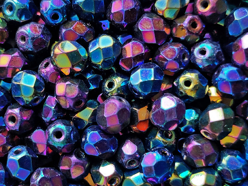 Set of Round Fire Polished Beads (3mm, 4mm, 6mm, 8mm), Jet Iris Rainbow, Czech Glass