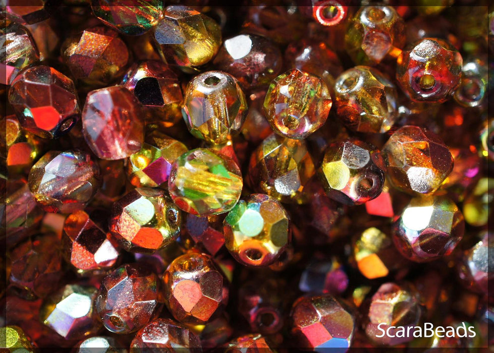 50 pcs Fire Polished Faceted Beads Round, 6mm, Magic Red Yellow, Czech Glass