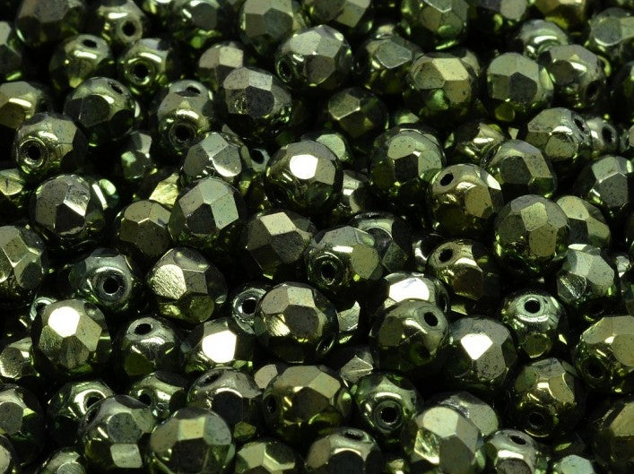 Set of Round Fire Polished Beads (3mm, 4mm, 6mm, 8mm), Jet Green Luster, Czech Glass