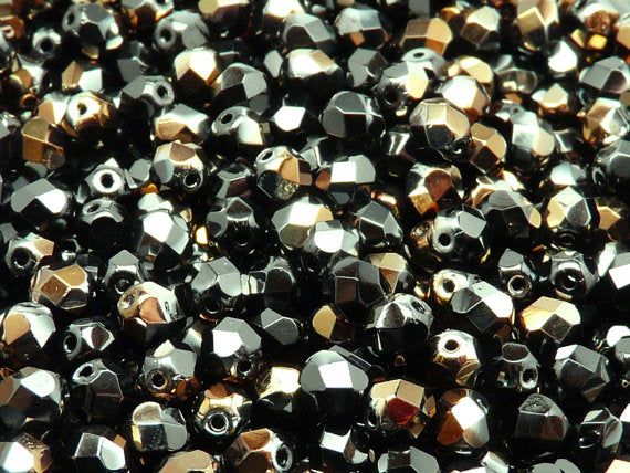 50 pcs Fire Polished Faceted Beads Round, 6mm, Jet Salentinit, Czech Glass