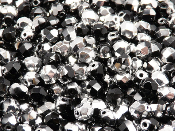 50 pcs Fire Polished Faceted Beads Round, 6mm, Jet Labrador (Jet Silver), Czech Glass