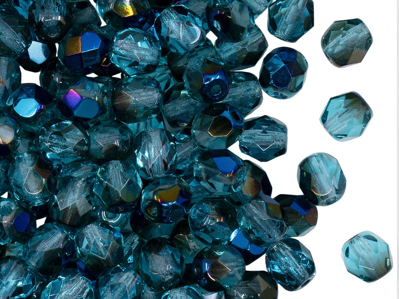 50 pcs Fire Polished Faceted Beads Round, 6mm, Aquamarine Azuro, Czech Glass