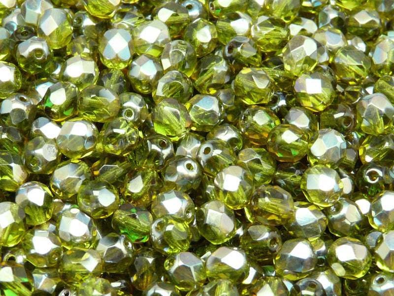 50 pcs Fire Polished Faceted Beads Round, 6mm, Olivine Celsian, Czech Glass