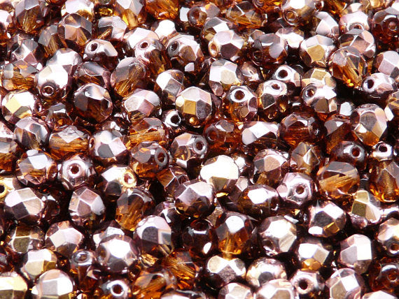 50 pcs Fire Polished Faceted Beads Round, 6mm, Dark Topaz Capri Gold, Czech Glass