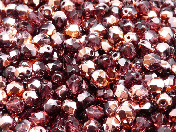50 pcs Fire Polished Faceted Beads Round, 6mm, Amethyst Capri Gold, Czech Glass