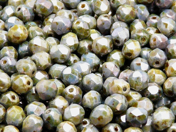 50 pcs Fire Polished Faceted Beads Round, 6mm, Chalk White Blue Glaze, Czech Glass