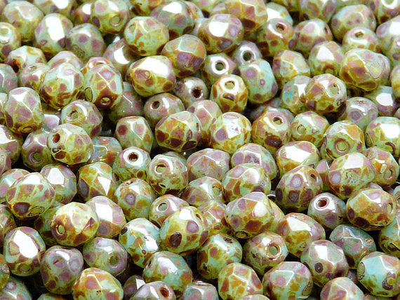 50 pcs Fire Polished Faceted Beads Round, 6mm, Green Aqua Opal Travertine, Czech Glass