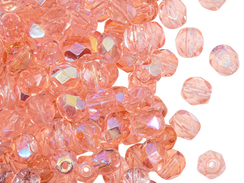 50 pcs Fire Polished Faceted Beads Round, 6mm, Rosaline AB, Czech Glass
