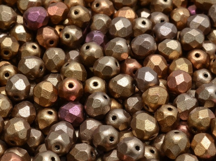 Set of Round Fire Polished Beads (3mm, 4mm, 6mm, 8mm), Silky Gold Iris Matte, Czech Glass
