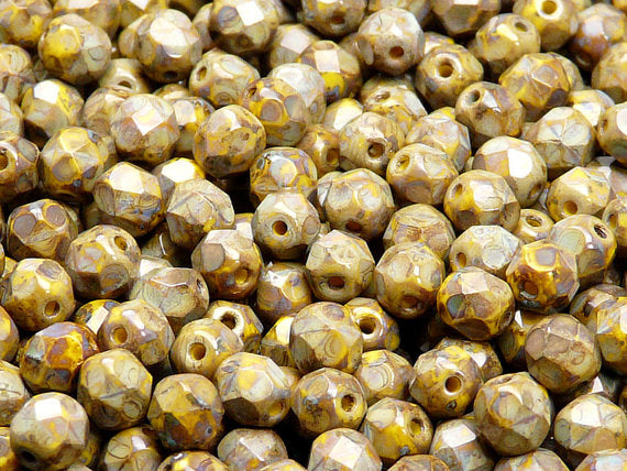50 pcs Fire Polished Faceted Beads Round, 6mm, Yellow Opaque Travertine (Lemon Travertine), Czech Glass