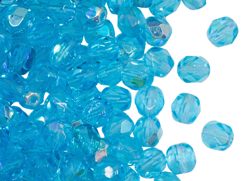 50 pcs Fire Polished Faceted Beads Round, 6mm, Aquamarine AB, Czech Glass
