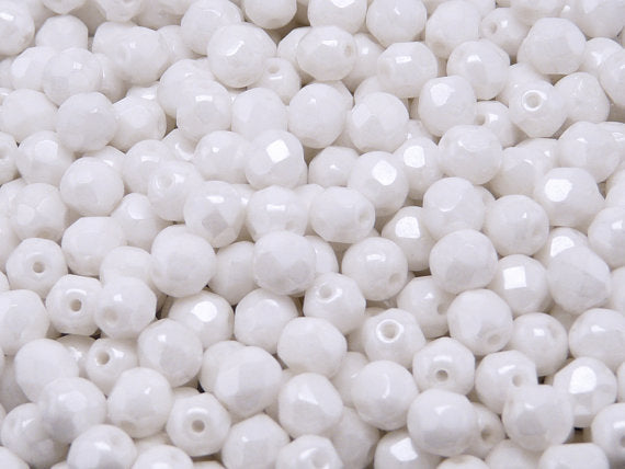 50 pcs Fire Polished Faceted Beads Round, 6mm, Chalk White Luster, Czech Glass