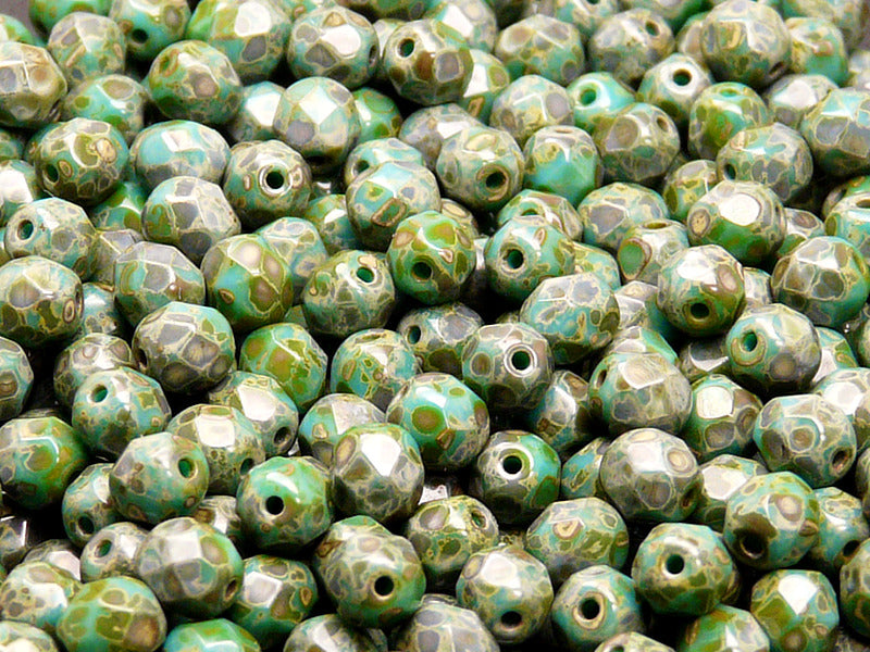 50 pcs Fire Polished Faceted Beads Round, 6mm, Turquoise Green Travertine, Czech Glass