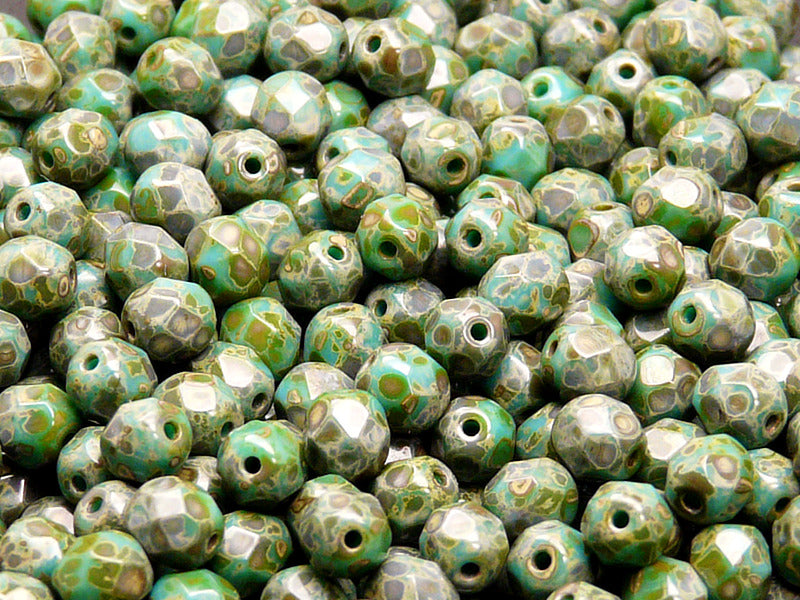 50 pcs Fire Polished Faceted Beads Round, 6mm, Turquoise Green Travertine, Czech Glass