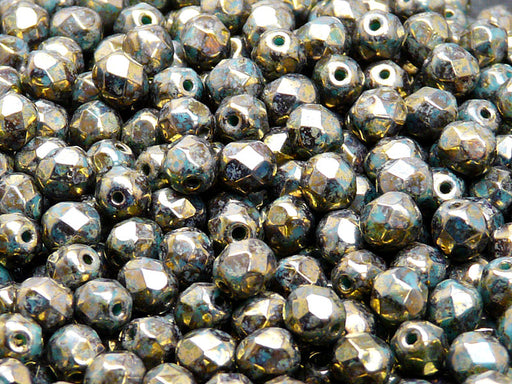 50 pcs Fire Polished Faceted Beads Round, 6mm, Opaque Turquoise Green Sprayed Gold, Czech Glass