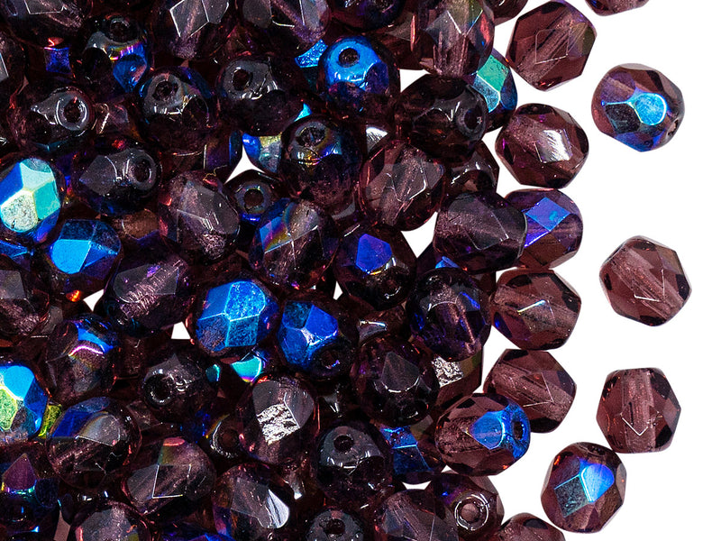 50 pcs Fire Polished Faceted Beads Round, 6mm, Amethyst Transparent AB, Czech Glass
