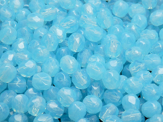 50 pcs Fire Polished Faceted Beads Round, 6mm, Opal Aqua, Czech Glass