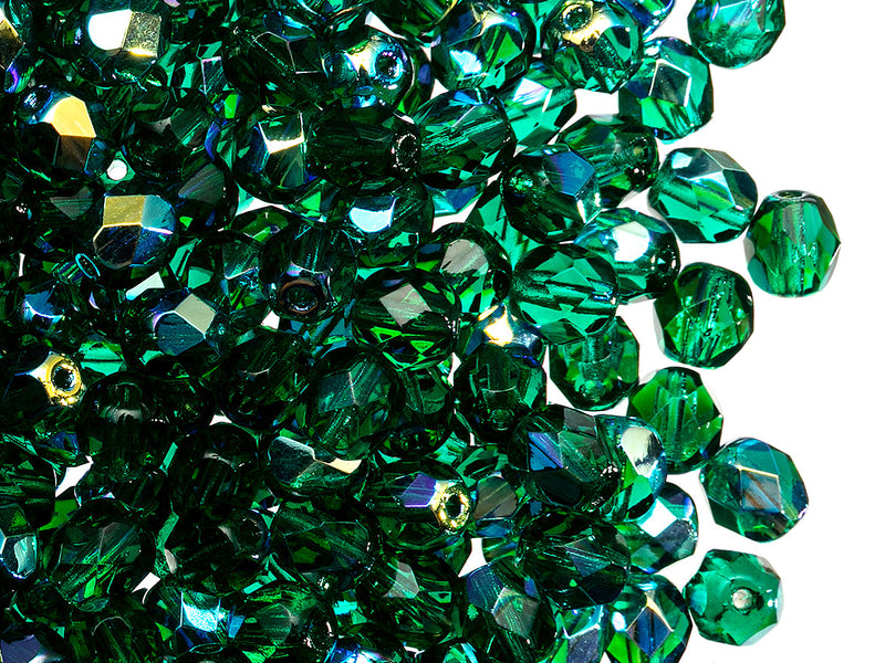 50 pcs Fire Polished Faceted Beads Round, 6mm, Emerald AB, Czech Glass